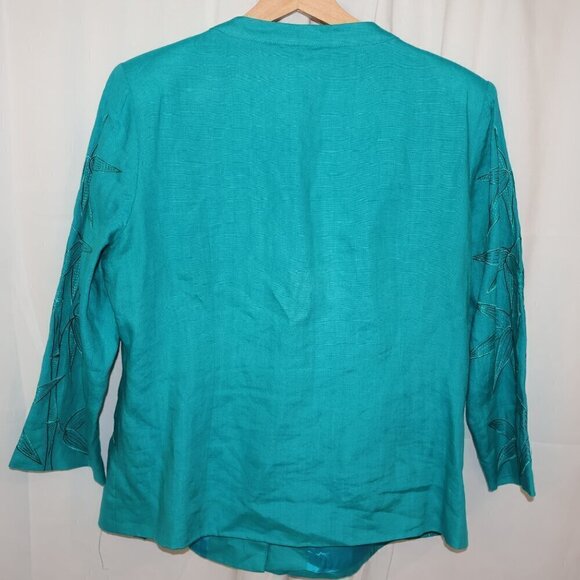 J Song 100% Linen Jacket Embroidery 3/4 Sleeves Button Up No Collar Size 10 - Picture 11 of 15